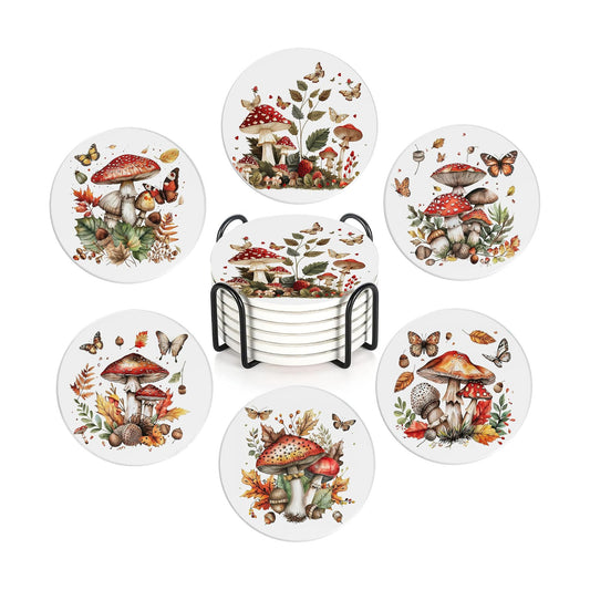 Holder / Absorbent Ceramic Drink Coaster for Tabletop / Mushroom Butterfly / Set of 6