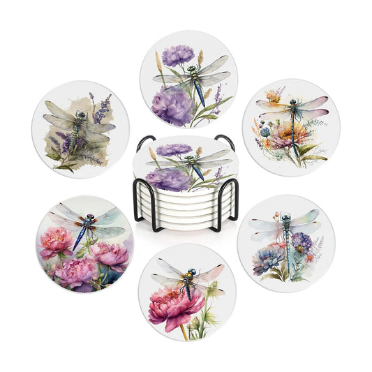 Absorbing Round Ceramic Stone Coaster / Dragonfly Flower / Set of 6