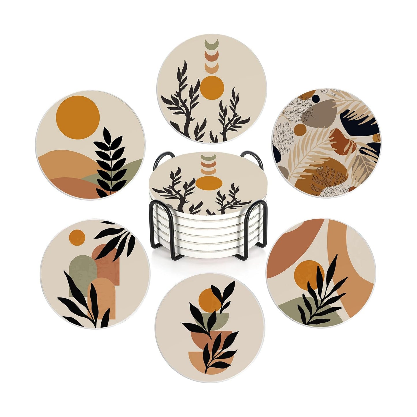 Holder / Absorbent Ceramic Coasters / Abstract Boho Sun Leaves / Set of 6