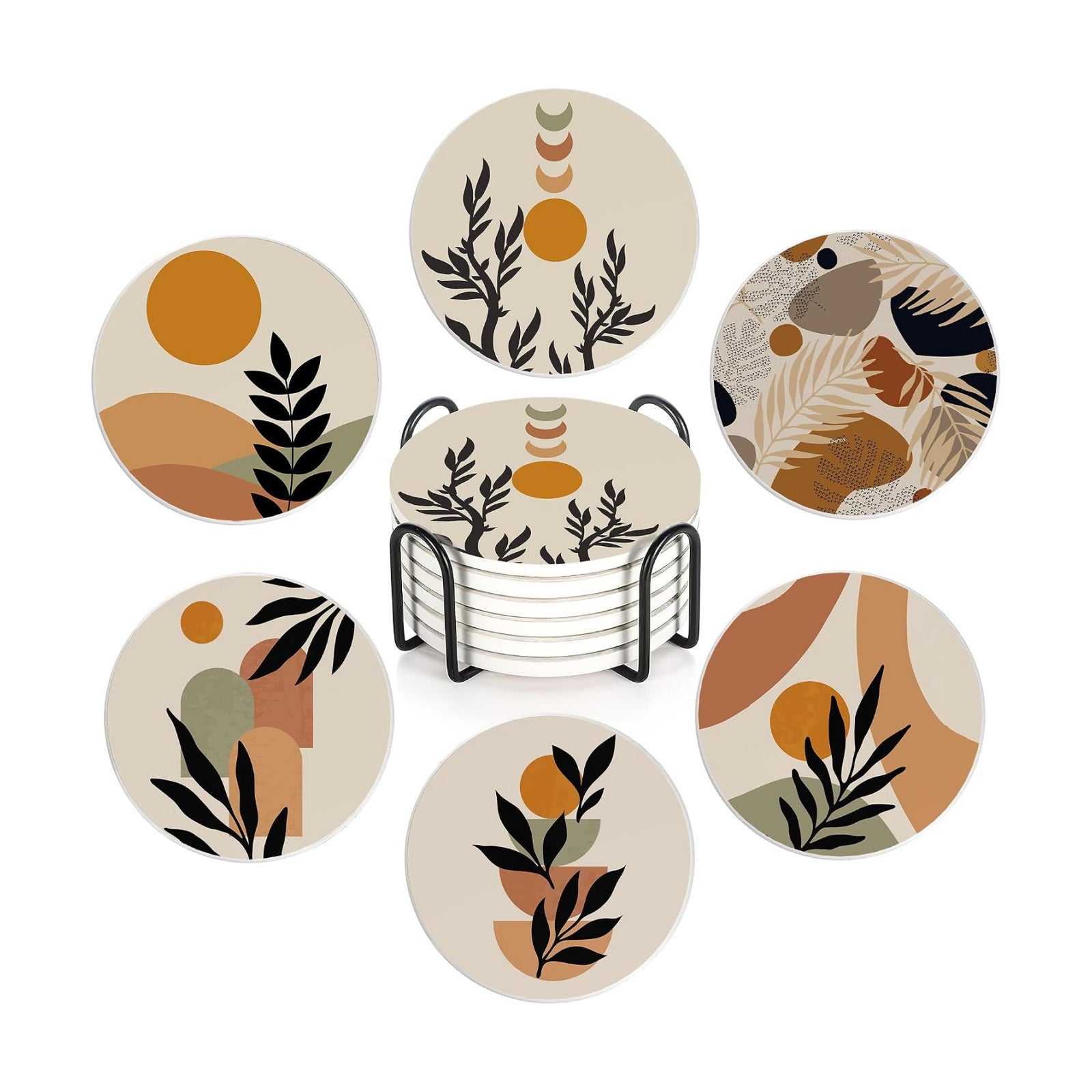 Holder / Absorbent Ceramic Coasters / Abstract Boho Sun Leaves / Set of 6