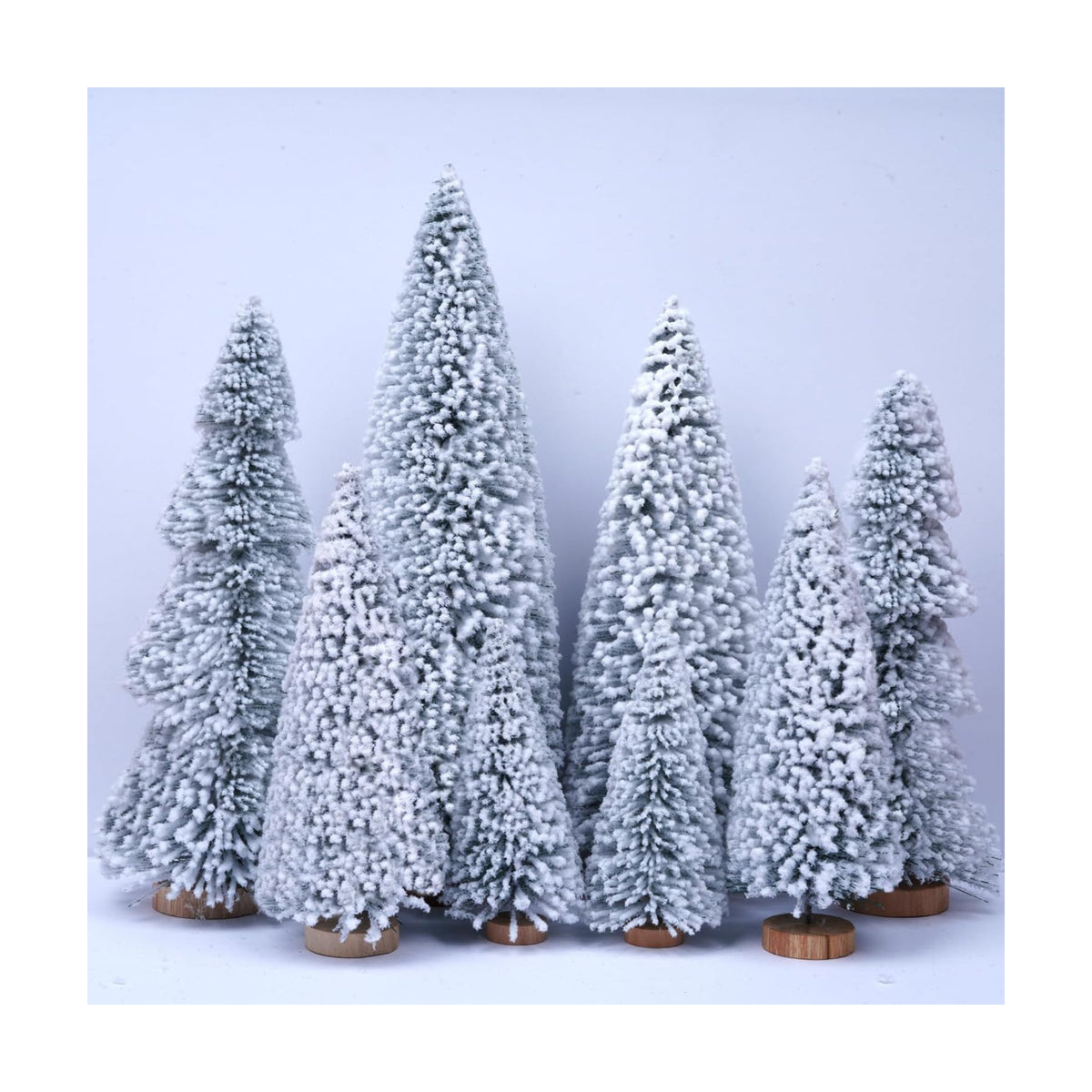 AerWo 8Pcs Mini Christmas Trees Flocked Bottle Brush Christmas Trees 4''-10'' with Wooden Bases, Small Xmas Tree for Tabletop Xmas Decor Village Crafts Winter Holiday Table Decorations