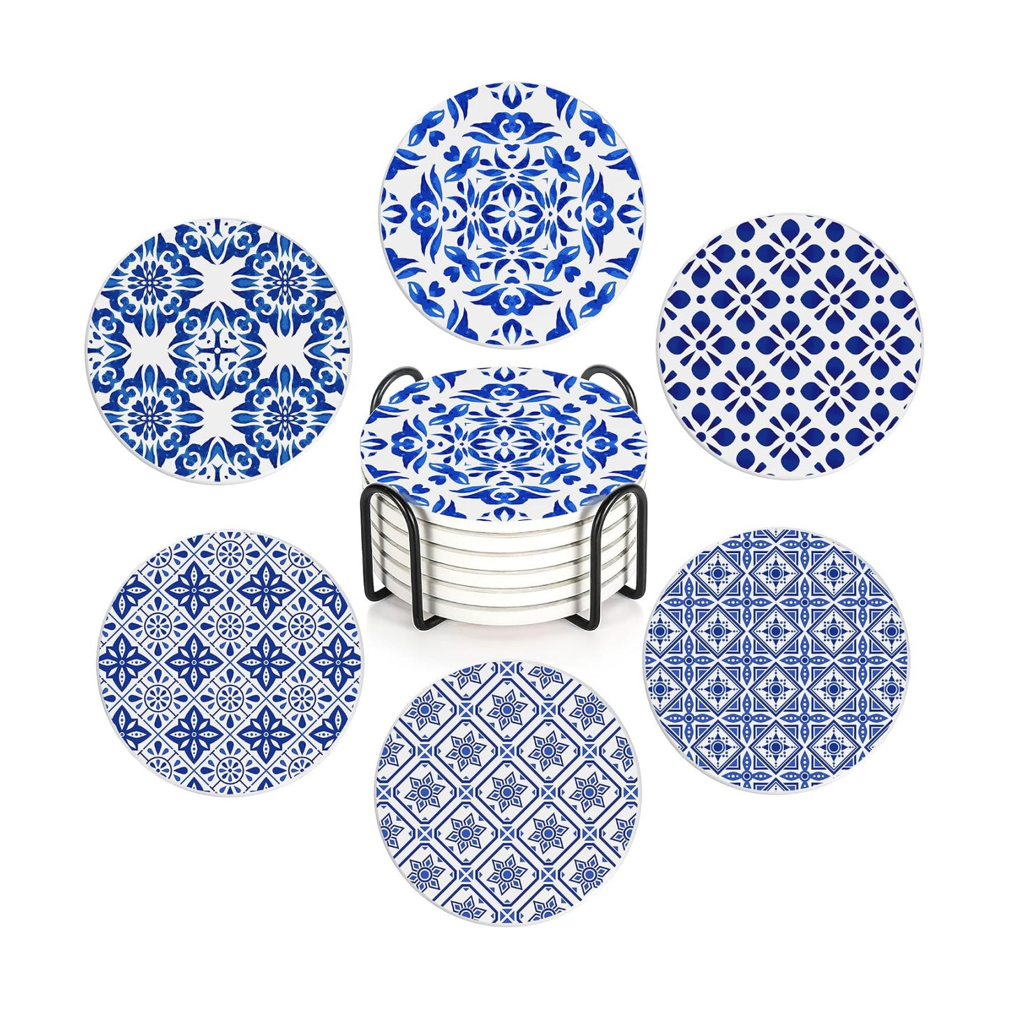 Holder / Absorbent Ceramic Coasters / Handpainted Blue Pattern / Set of 6