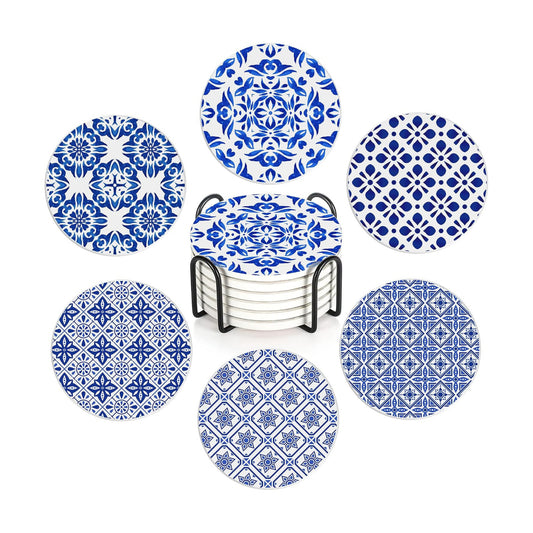 Holder / Absorbent Ceramic Coasters / Handpainted Blue Pattern / Set of 6
