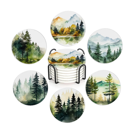 Cork Base and Metal Holder / Watercolor Misty Forest / Set of 6