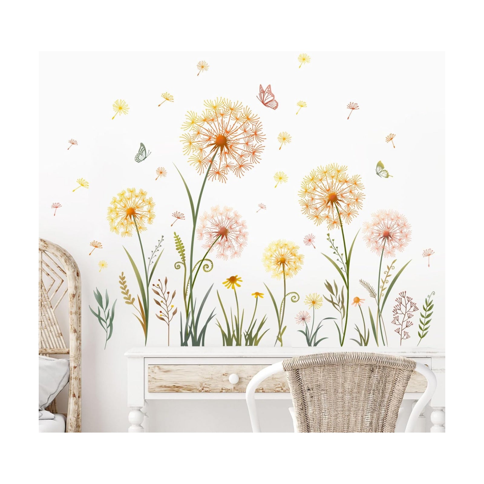 Dandelion Flower Butterfly Wall Decals Dandelion Plants Floral Wall Stickers Peel and Stick / Gold