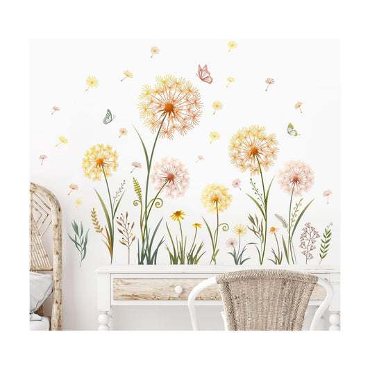 Dandelion Flower Butterfly Wall Decals Dandelion Plants Floral Wall Stickers Peel and Stick / Gold