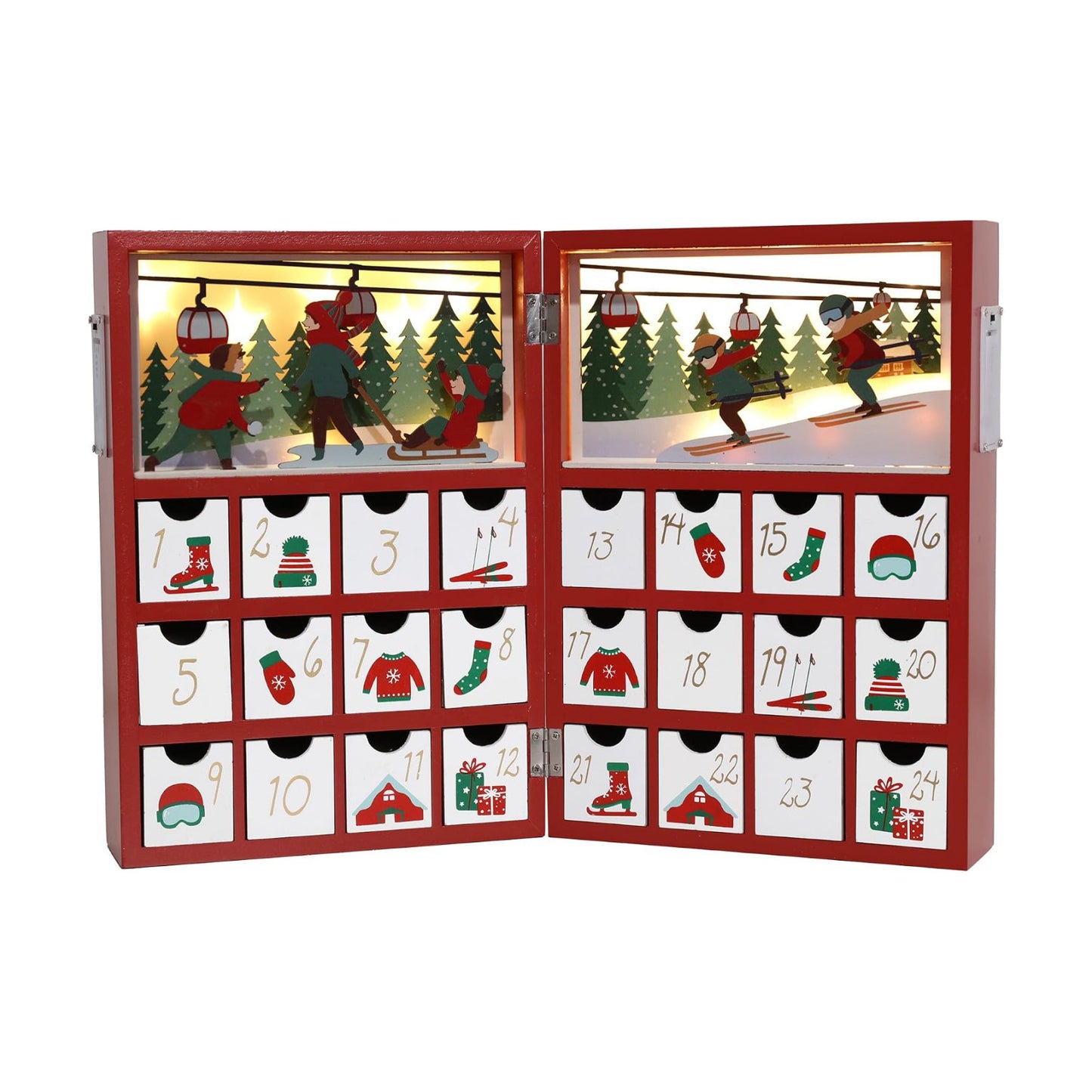 Christmas Wooden Advent Calendar Book with LED lighting Red Color Christmas Skiing Scenes Countdown Holiday Gifts with