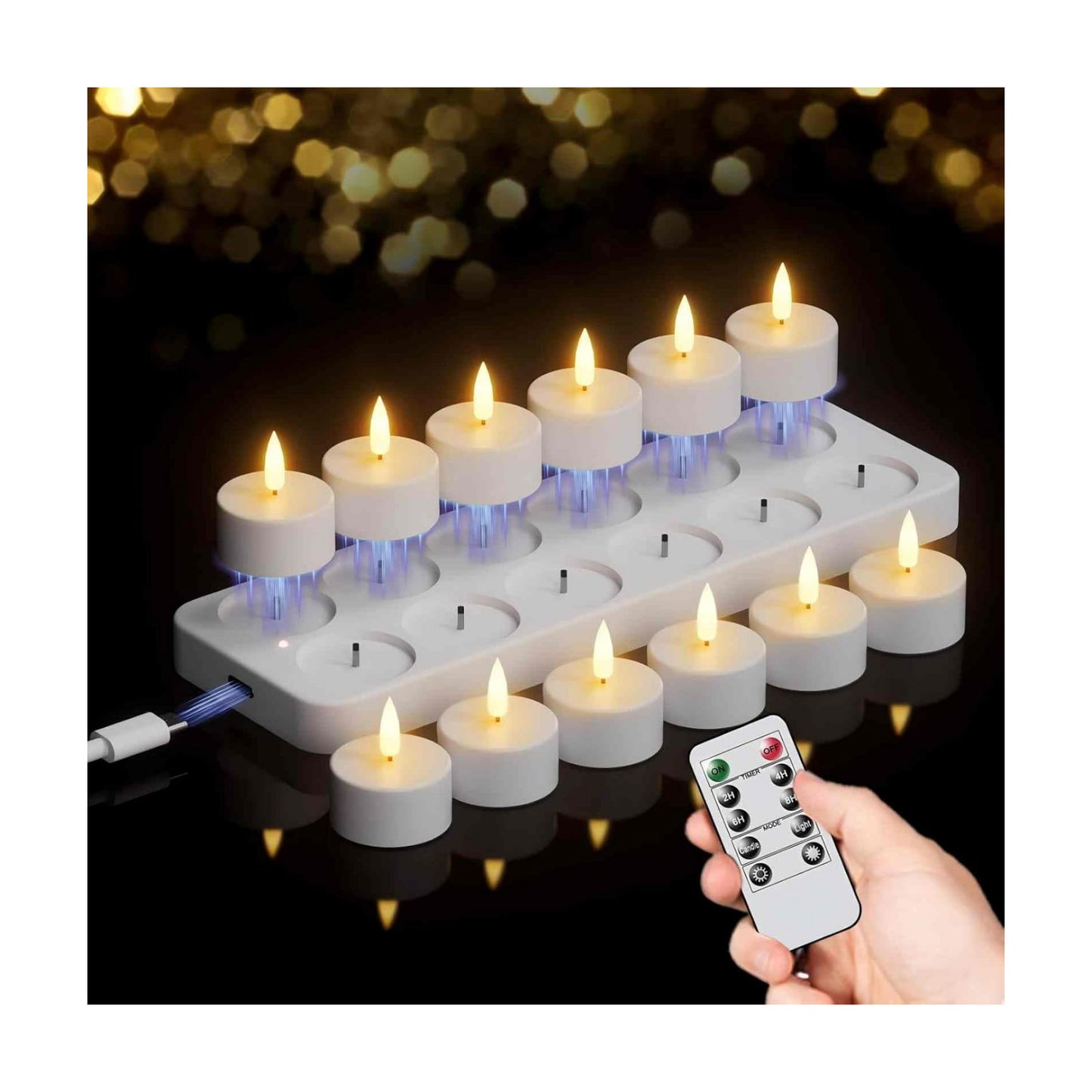 GenSwin Rechargeable Tea Lights Candles Remote Timer Charging Base White | Flameless LED Tealight Candles Battery