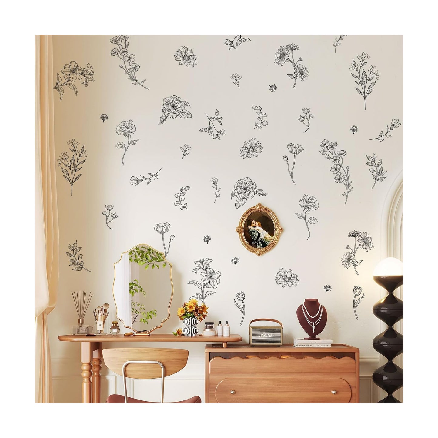 15 Sheets Garden Floral Wall Decals DIY Peel and Stick Wall Decal Self Adhesive / Black Sketch