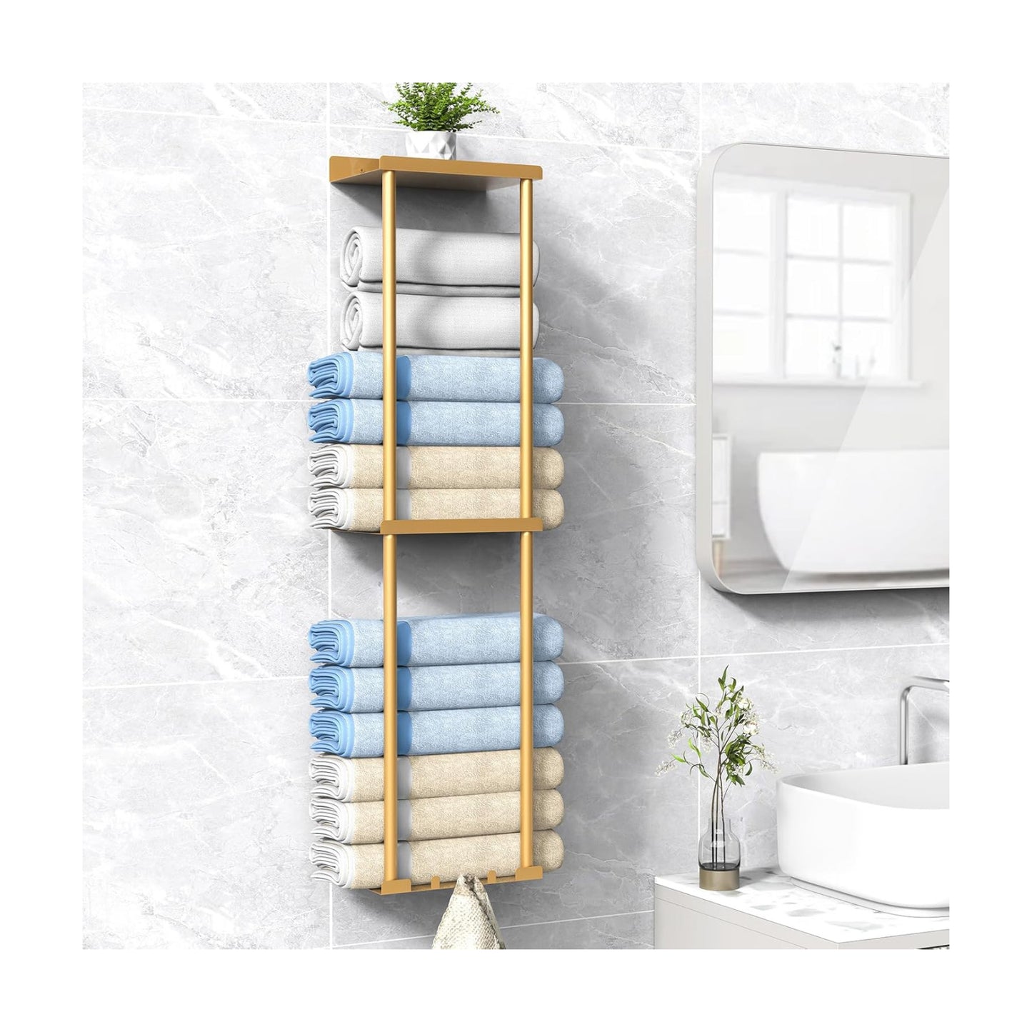 Liuoud Towel Rack for Bathroom, Wall Mounted Vertical Rolled Towel Storage Organizer Holder with Shelf, Holds Up 6