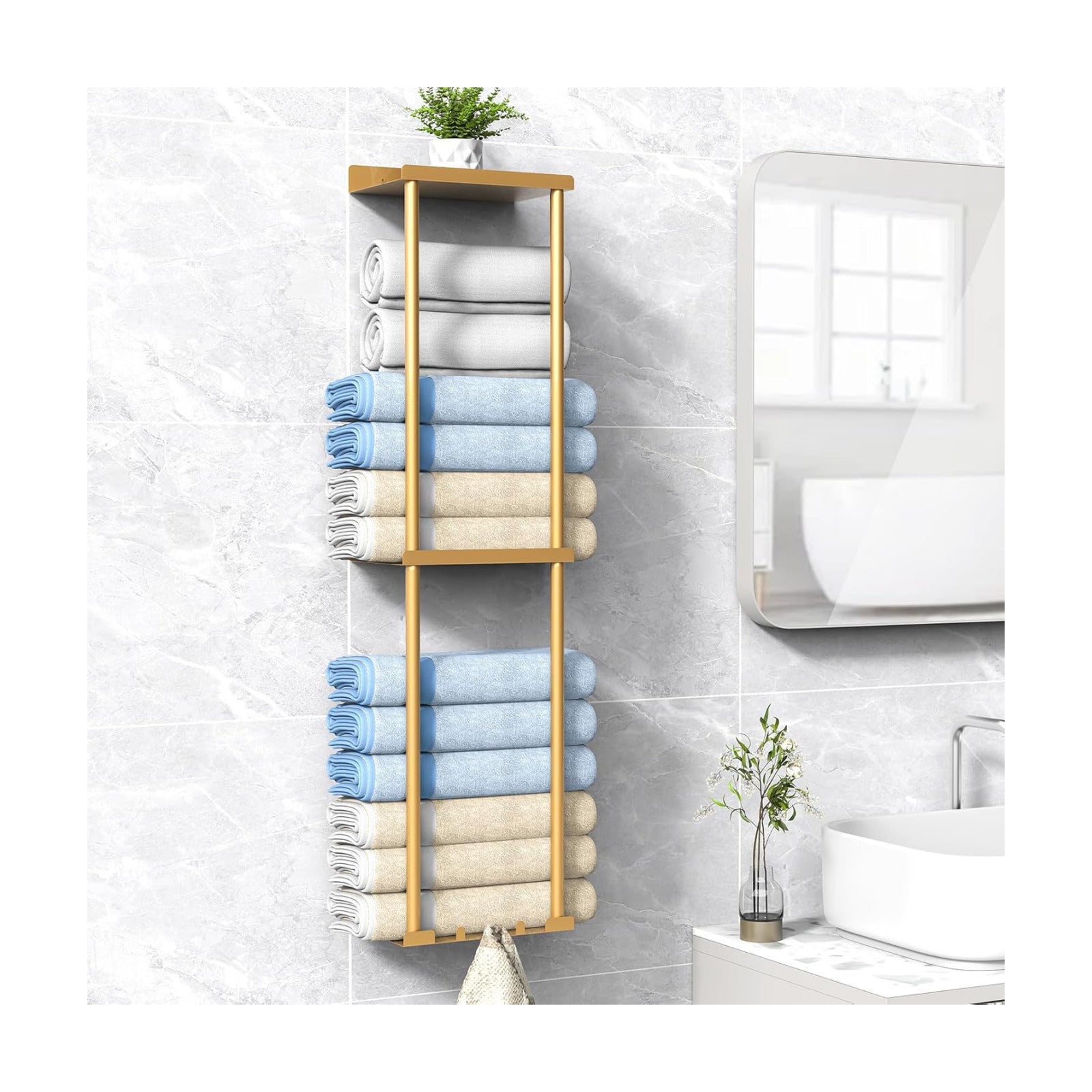 Liuoud Towel Rack for Bathroom, Wall Mounted Vertical Rolled Towel Storage Organizer Holder with Shelf, Holds Up 6