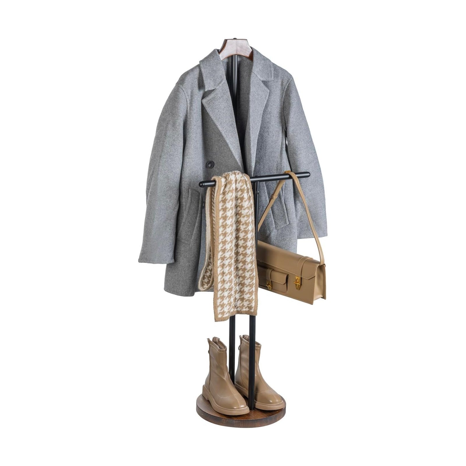 MyGift Modern Garment Valet Stand with Rustic Burnt Solid Wood Coat Clothes Hanger, Round Wooden Base, and Industrial