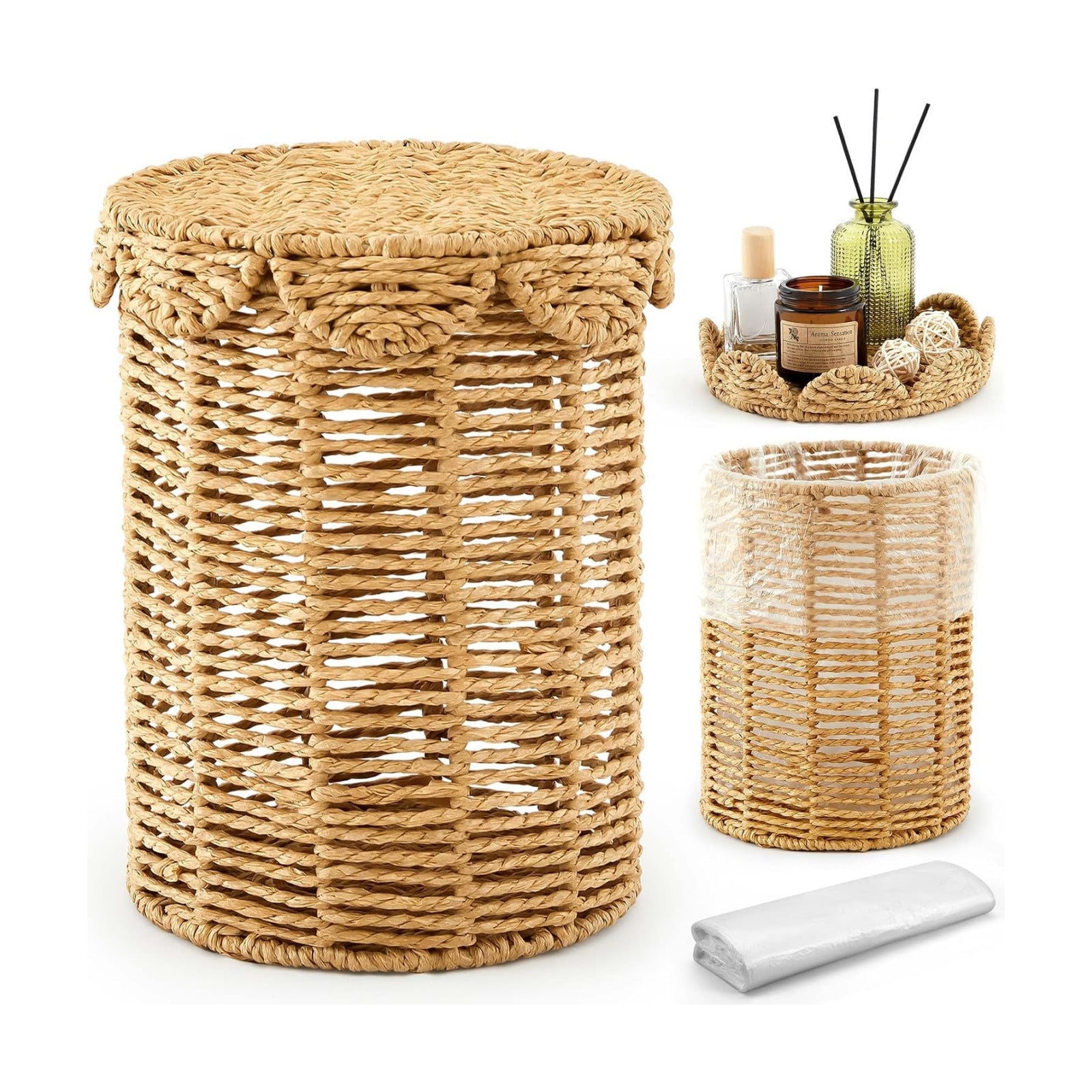 Lid Handle Woven Wicker Rattan Bathroom Waste Basket Boho / Scalloped Style / Natural / 1.3 Gallons