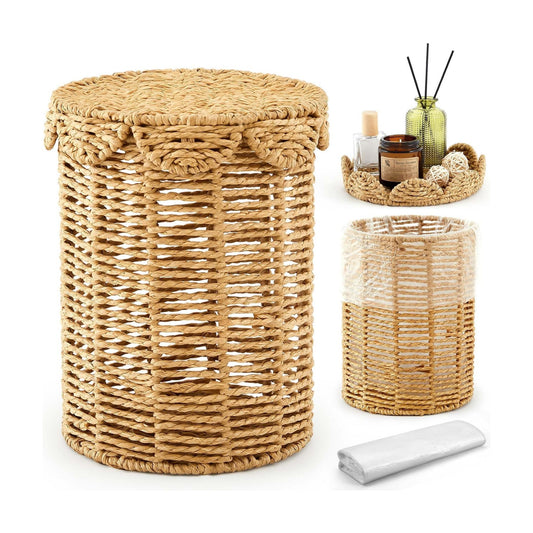 Lid Handle Woven Wicker Rattan Bathroom Waste Basket Boho / Scalloped Style / Natural / 1.3 Gallons