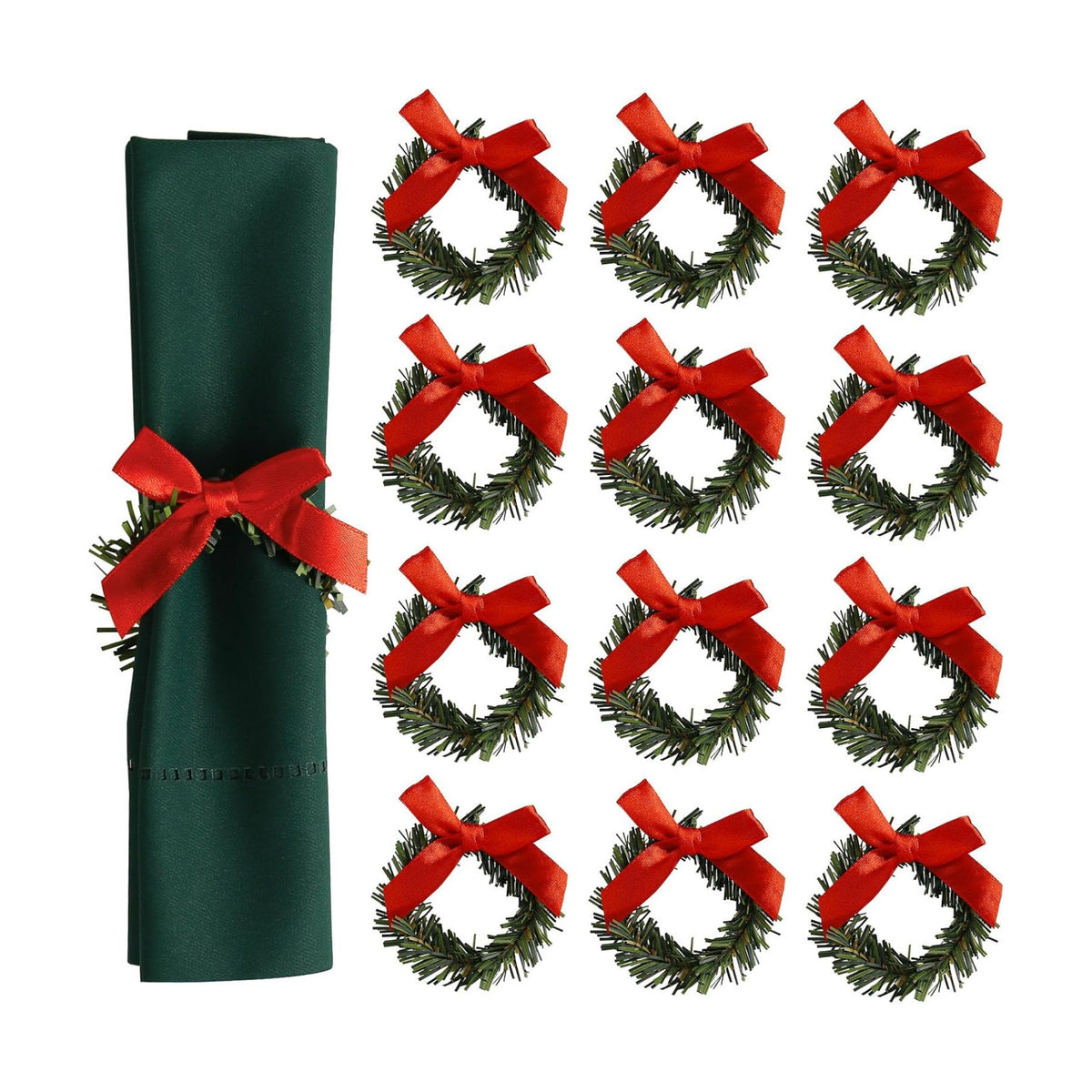 Pine Niddle Wreath Napkin Rings, Christmas Napkin Rings Set of 12 with Red Satin Bow Cloth Napkin Rings for Christmas Table Decoration, Wedding, Thanksgiving, Party, Dinner Table Decor