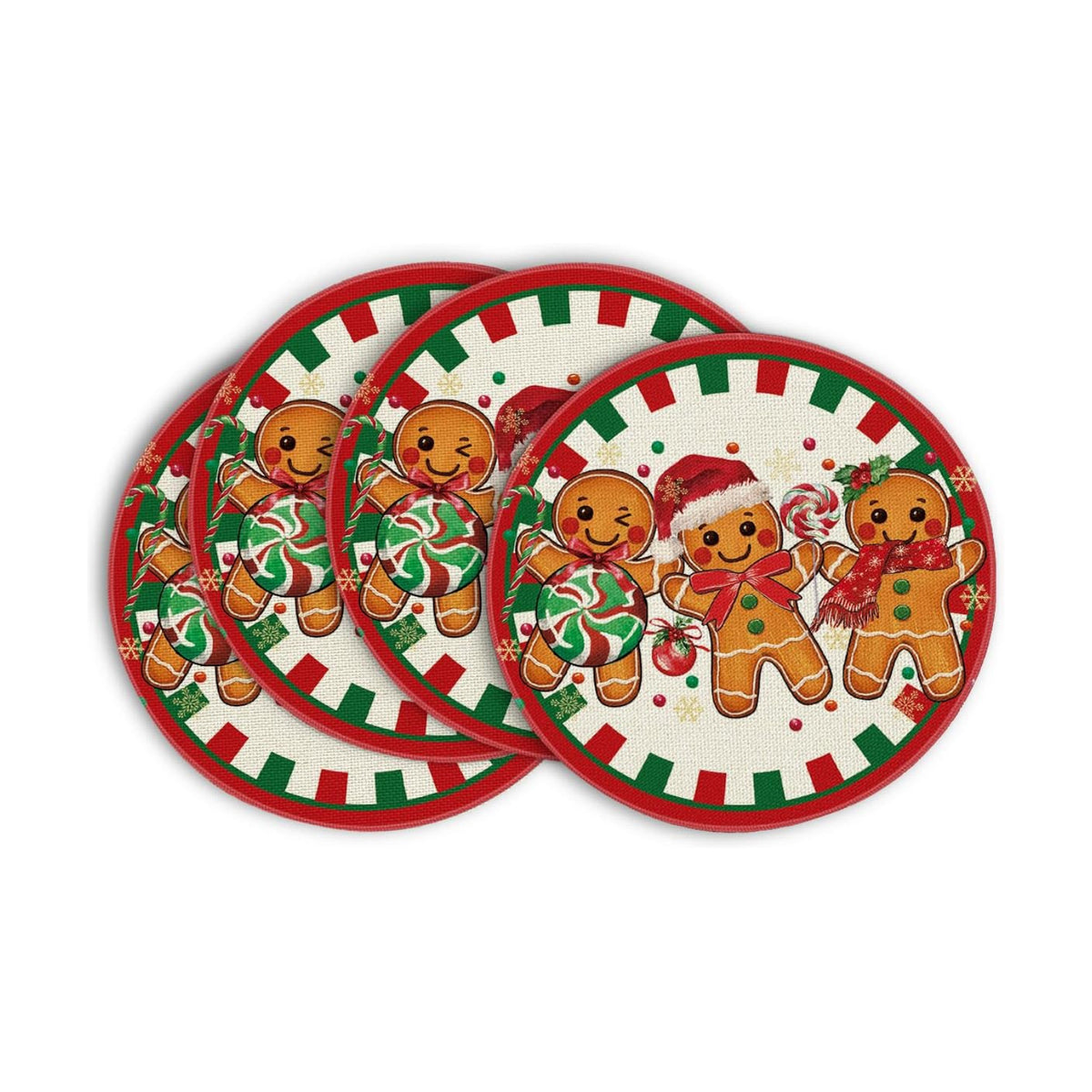 Artoid Mode Gingerbread Candy Cane Merry Christmas Round Placemats Set of 4, 14 Inch Winter Round Table Mats for Dining Decoration
