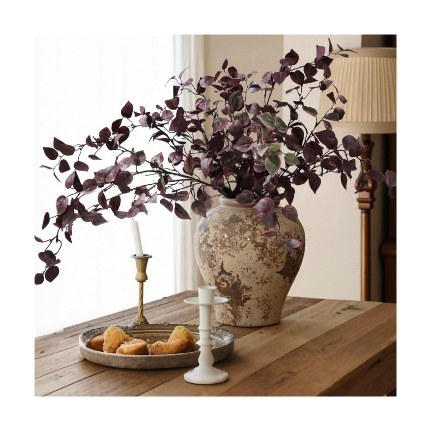 HyeFlora 5PCS Artificial Fall Eucalyptus Leaves Stem Plants, 32.7 inch Fake Leaves Autumn Greenery Branches Burgundy