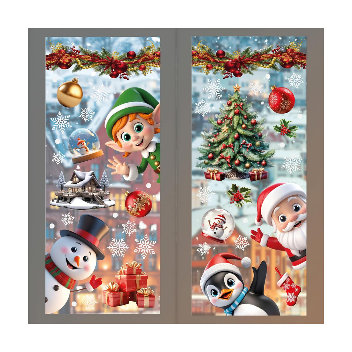 WALPLUS Christmas Window Clings - Clearance Decorations, Double-Sided Reusable Peel & Stick Removable for Glass, Living Room Xmas Peeking Santa Snowflakes, 149 Pcs