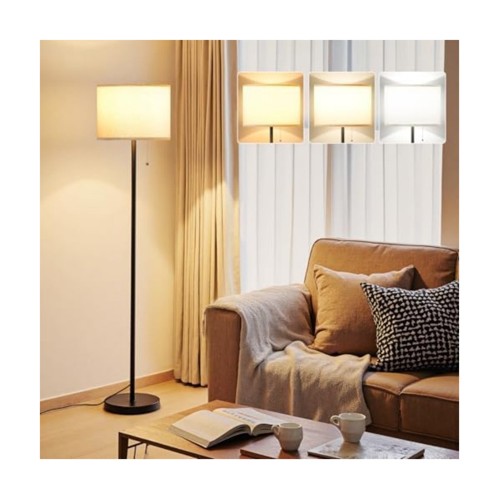 Ambimall Modern Standing Floor Lamp for Living Room & Bedroom with 3 Color Temperatures Bulb & Pull Chain Switch, 60"
