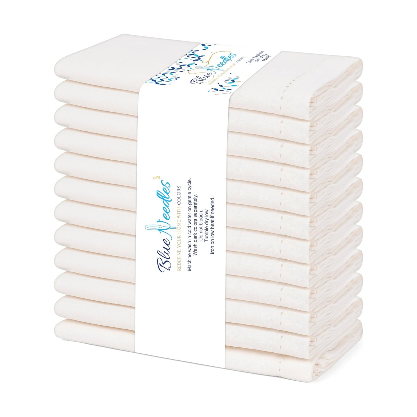 Blue Needles Set of 12 Hemstitch Linen Napkins 100% Cotton Cream Cloth Dinner Napkins 18x18 inches, Soft, Reusable