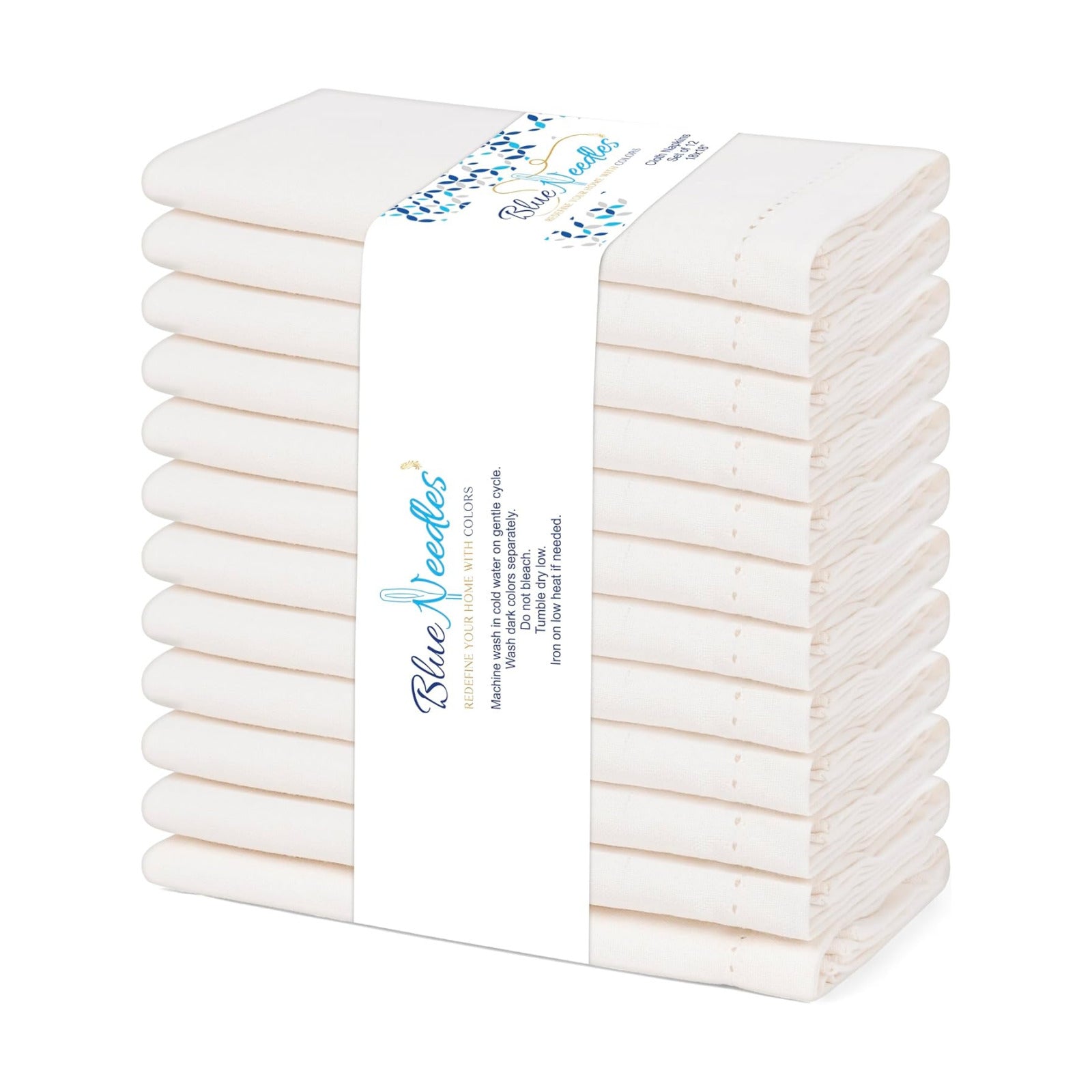 Blue Needles Set of 12 Hemstitch Linen Napkins 100% Cotton Cream Cloth Dinner Napkins 18x18 inches, Soft, Reusable