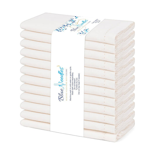 Blue Needles Set of 12 Hemstitch Linen Napkins 100% Cotton Cream Cloth Dinner Napkins 18x18 inches, Soft, Reusable