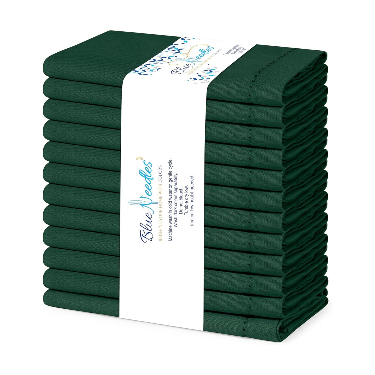 Blue Needles Set of 6 Hemstitch Linen Napkins 100% Cotton Forest Green Cloth Dinner Napkins 18x18 inches, Soft