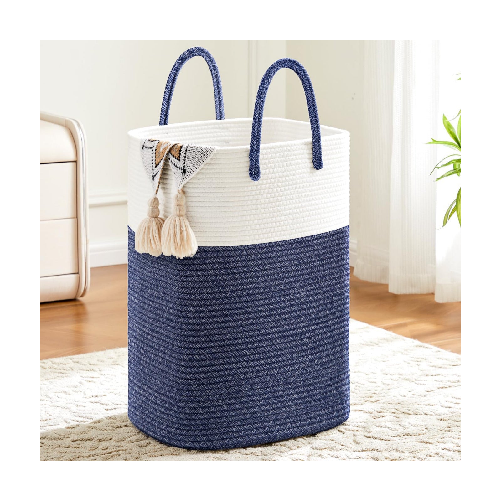 Laundry Basket / Woven Cotton Rope Laundry Hamper / 60L / Blue