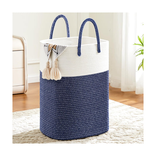 Laundry Basket / Woven Cotton Rope Laundry Hamper / 60L / Blue