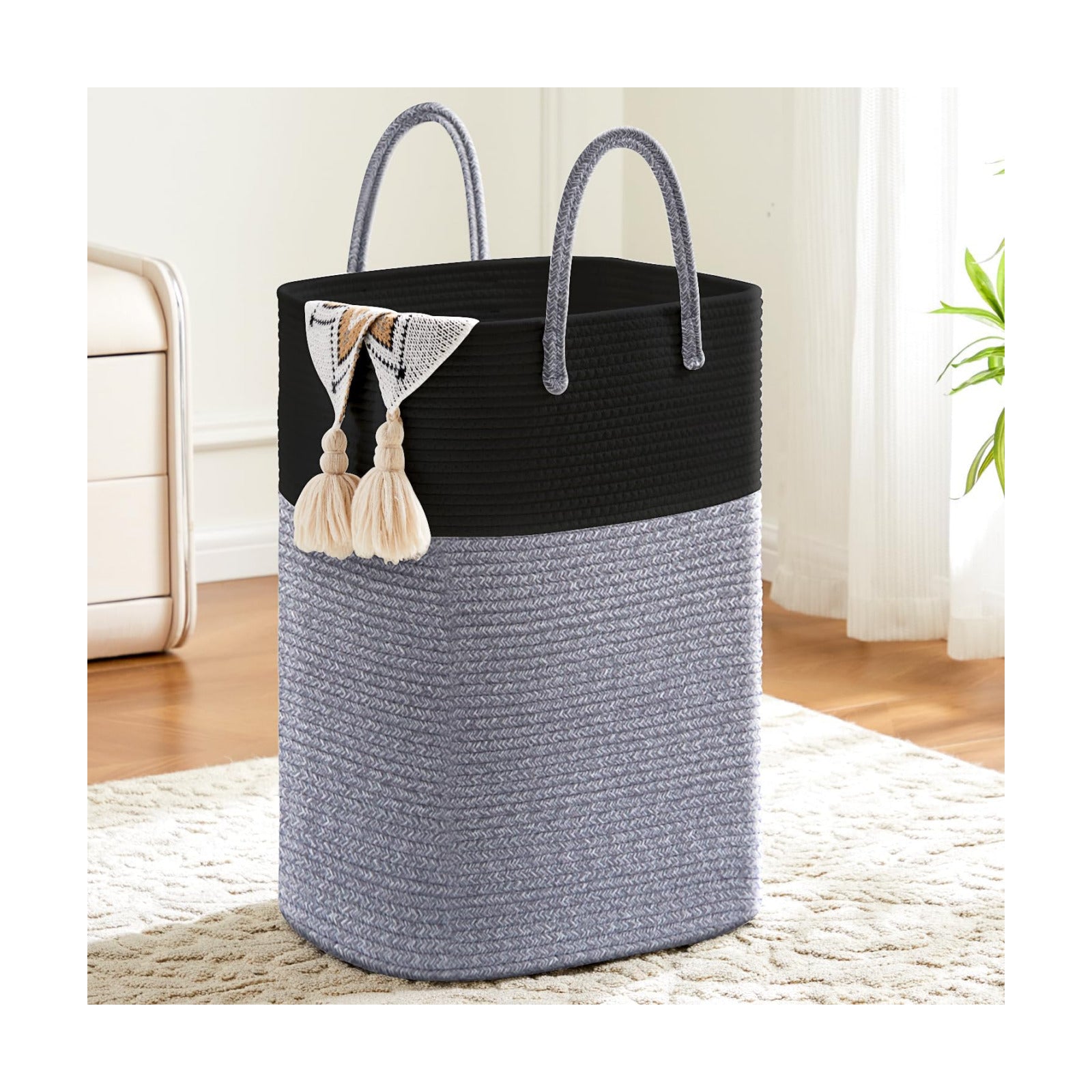 Laundry Basket / Woven Cotton Rope Laundry Hamper / 60L / Black