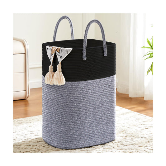 Laundry Basket / Woven Cotton Rope Laundry Hamper / 60L / Black