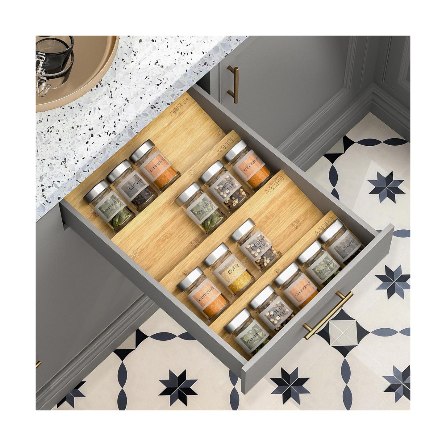 AMBIRD Bamboo Spice Drawer Organizer with Non-slip Mat, 4 Tier Jar Spice Rack Tray 13'',Seasoning Organizer for