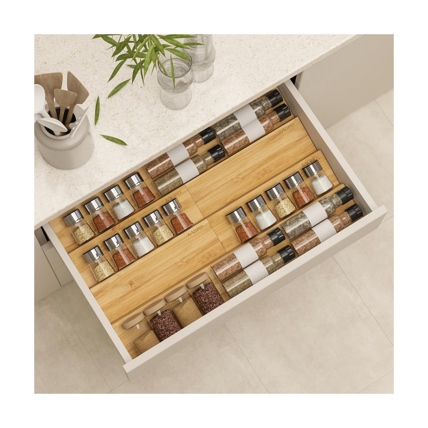 AMBIRD Bamboo Spice Drawer Organizer with Non-slip Mat,4 Tier - 2 Set Jar Spice Rack Tray From 9.5''to 19'', Seasoning