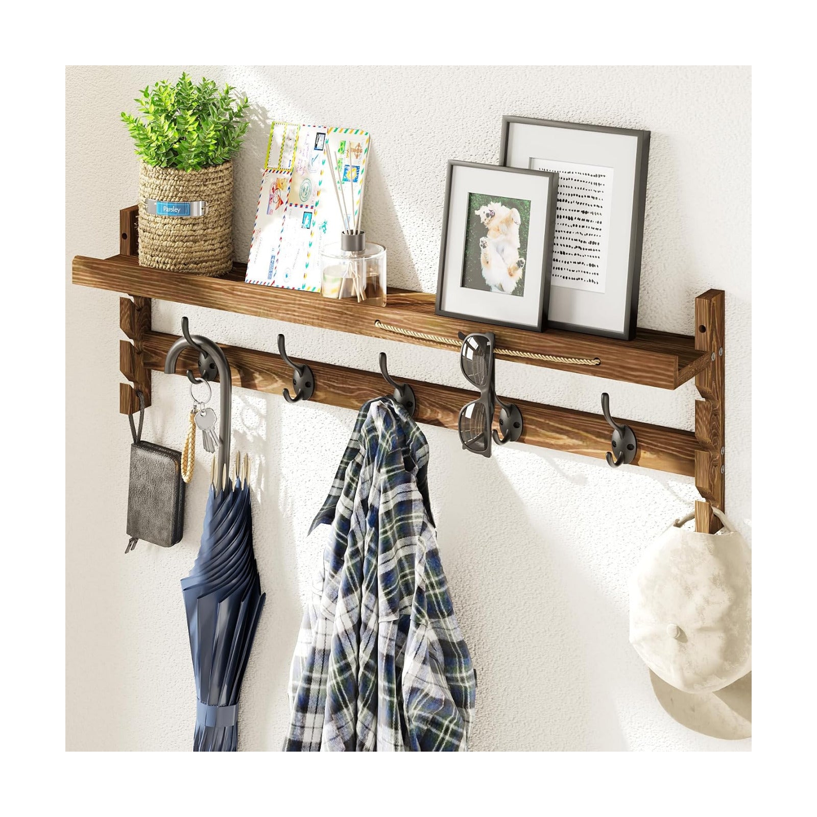 Wood Coat Hooks / 5 Hooks / 28.9 Inch