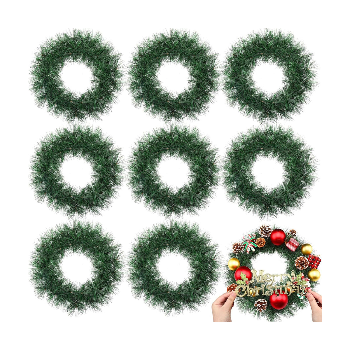 Zeyune 8 Pcs 14" Christmas DIY Green Wreath Artificial Wreath, Pine Needle