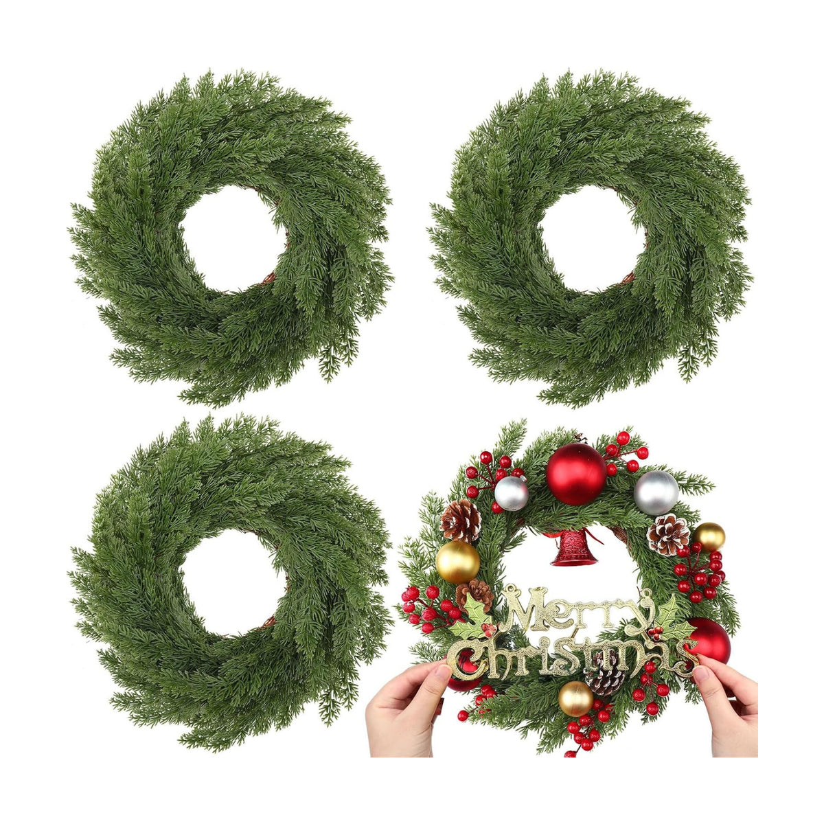 Zeyune 4 Pcs 14" Christmas DIY Green Wreath Artificial Wreath Cypress Style