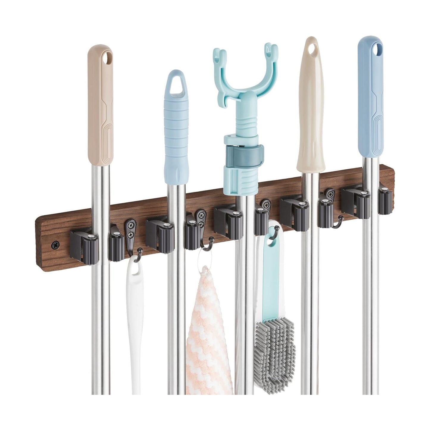 OUTNILI Mop and Broom Holder Wall Mount - Wood Broom Mop Hanger - Wall Mounted Garden Tool Rack Organizer for Closet