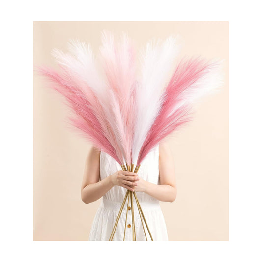 45" Pampas Grass Tall Pink White Decor Faux Dried Fluffy Fake Long / 45"-pink White Style / Set of 9