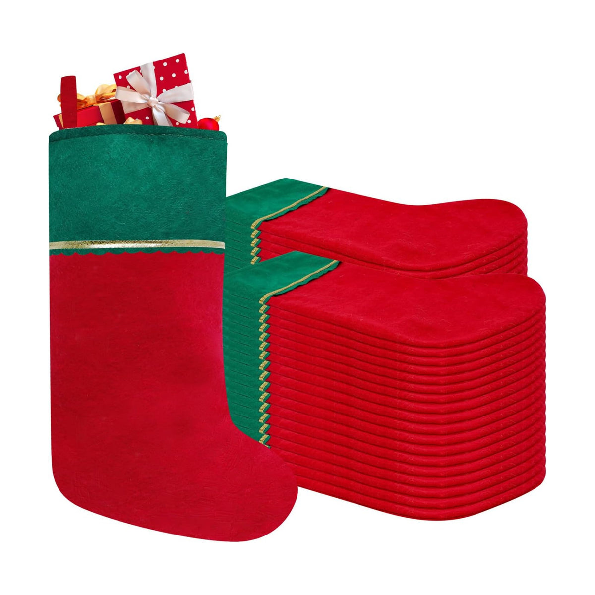 36 Pack Felt Christmas Stockings, 19 Inches Red and Green Christmas Stockings, Green Cuff with Gold Trim Christmas Stockings for Family Christmas Holiday Decorations