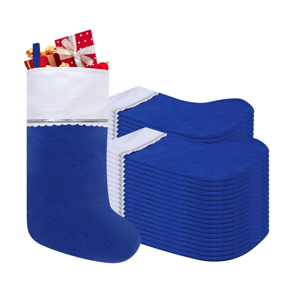 36 Pack Felt Christmas Stockings, 19 Inches Blue and White Christmas Stockings, White Cuff with Silver Trim Christmas Stockings for Family Christmas Holiday Decorations