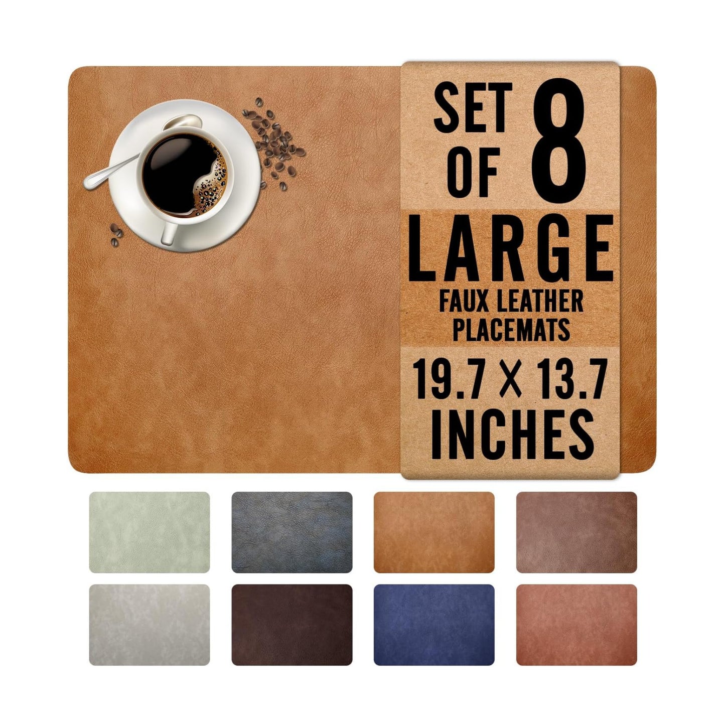 UnivoColors Washed Cowhide Pattern Faux Leather Big Size Placemats Set of 8, Waterproof Easy to Clean Anti-Slip PU