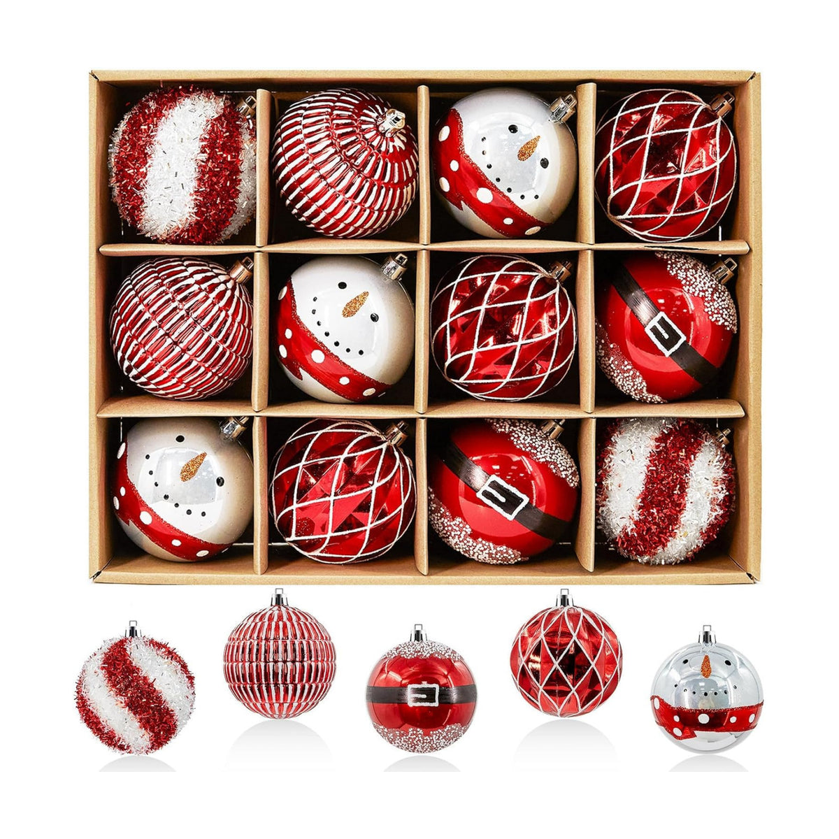 JORNOY 12CT 3.12-Inch Christmas Balls Ornaments for Tree, Red & White