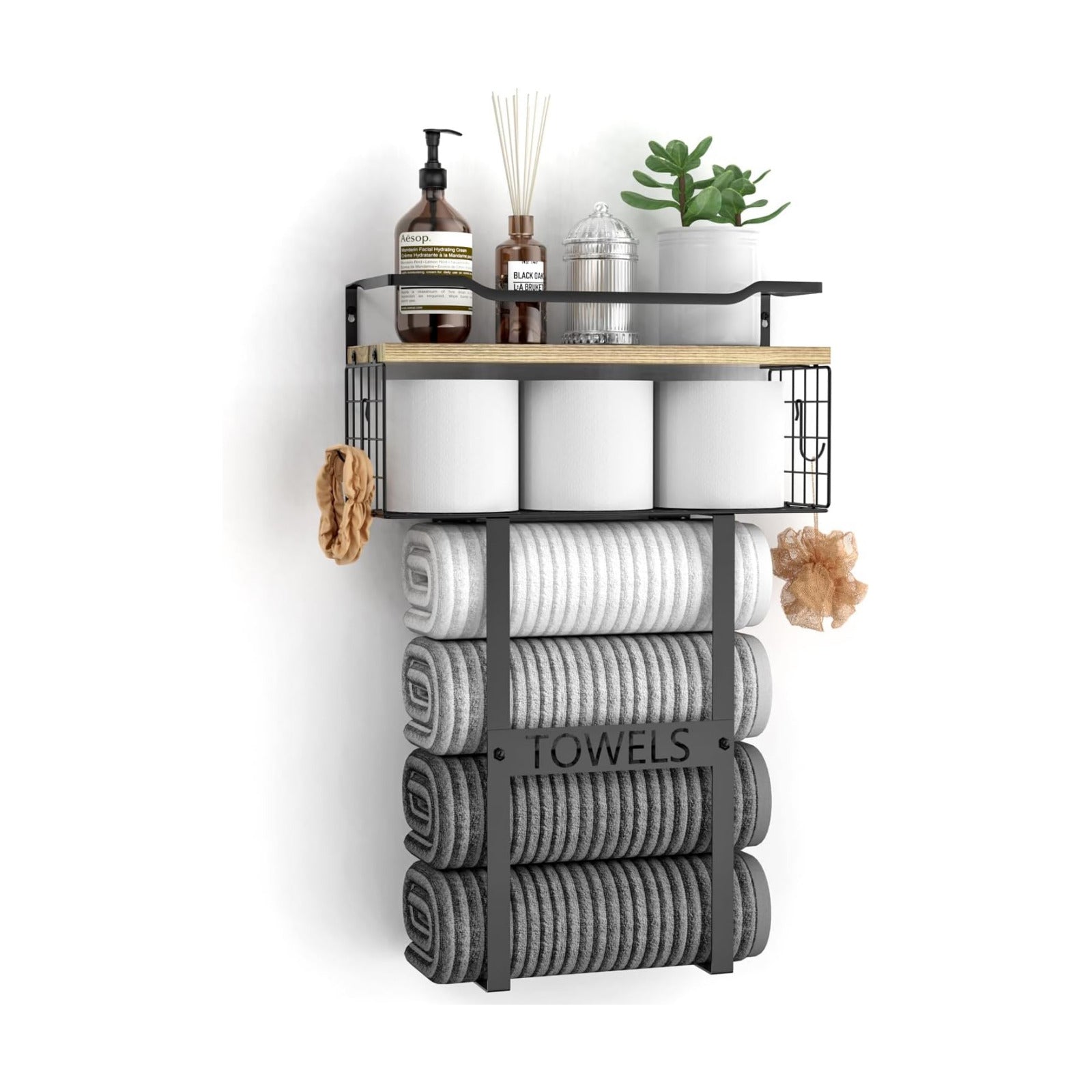 Towel Racks for Bathroom Wall Mounted - Bath Wall Towel Holder Set Above Toilet Storage, Rolled Towel Shelf Organizer