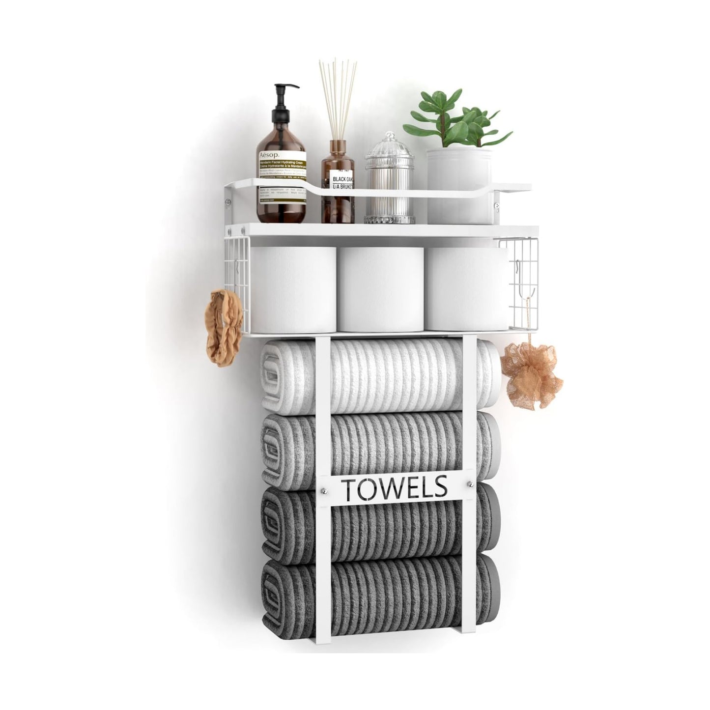 Towel Racks for Bathroom Wall Mounted - Bath Wall Towel Holder Set Above Toilet Storage, Rolled Towel Shelf Organizer