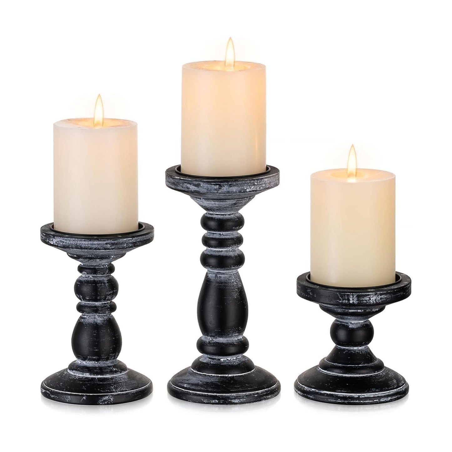 Wood Pillar Candle Holder: Rustic Distressed Black Candle Stand | Solid Pine Wooden Decor, for 3.15" Pillar, Farmhouse