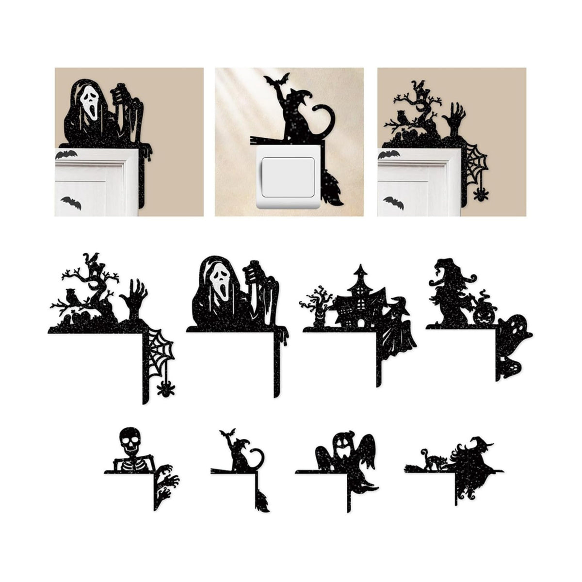 Removable 8 Pack Creative Halloween Switch Decal - Black Ghost Skeleton Witch Door Frame Wall Decorative Art Murals for Living Room Bedroom Bathroom Kitchen Light Switch Decor