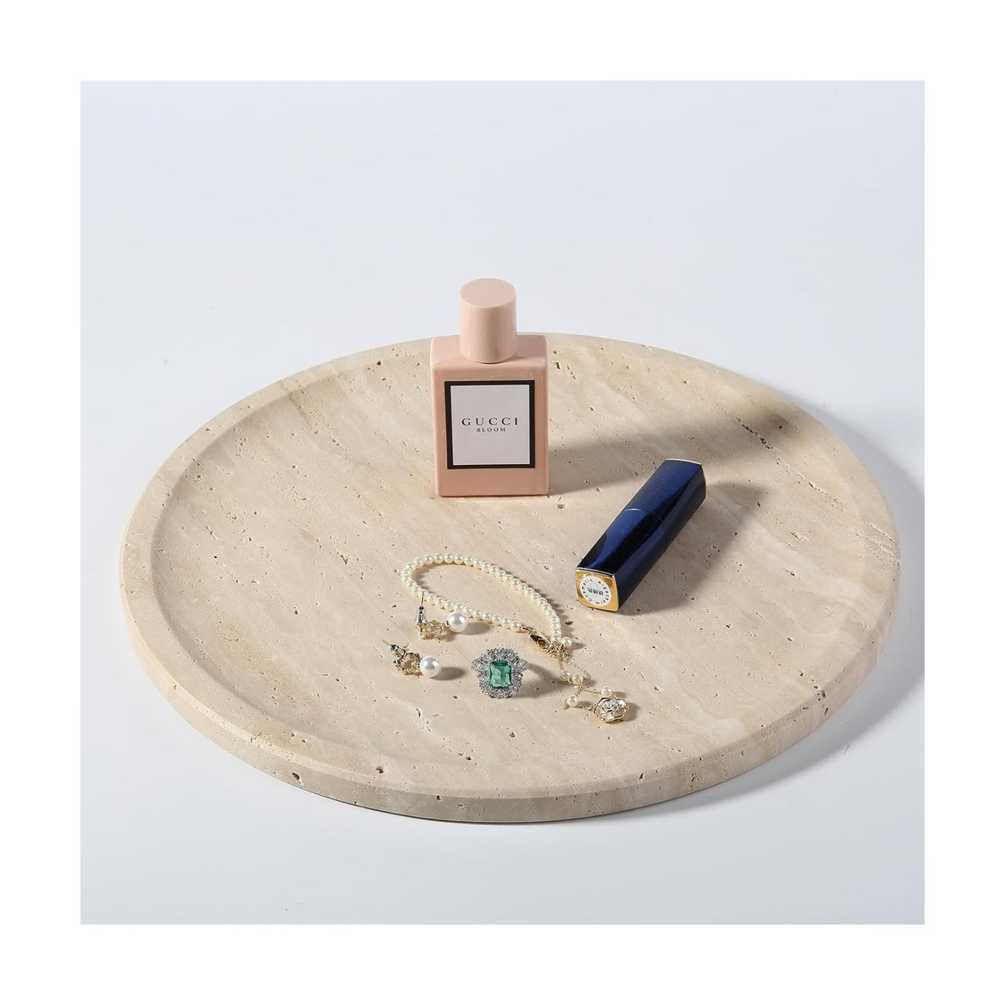Travertine Tray / Round Serving Tray / Light Beige / 11.8 x 0.8