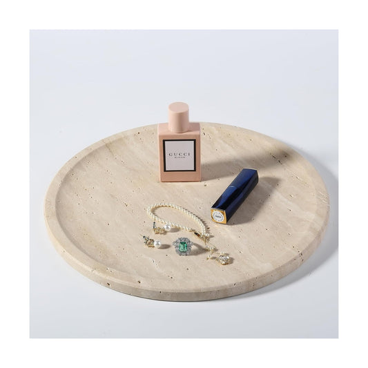 Travertine Tray / Round Serving Tray / Light Beige / 11.8 x 0.8