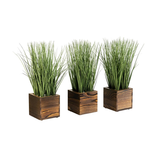 Artificial Grass Plants Trio in Rustic Burnt Solid Wood Planter Boxes / Burnt Wood / Green / 4 Inch