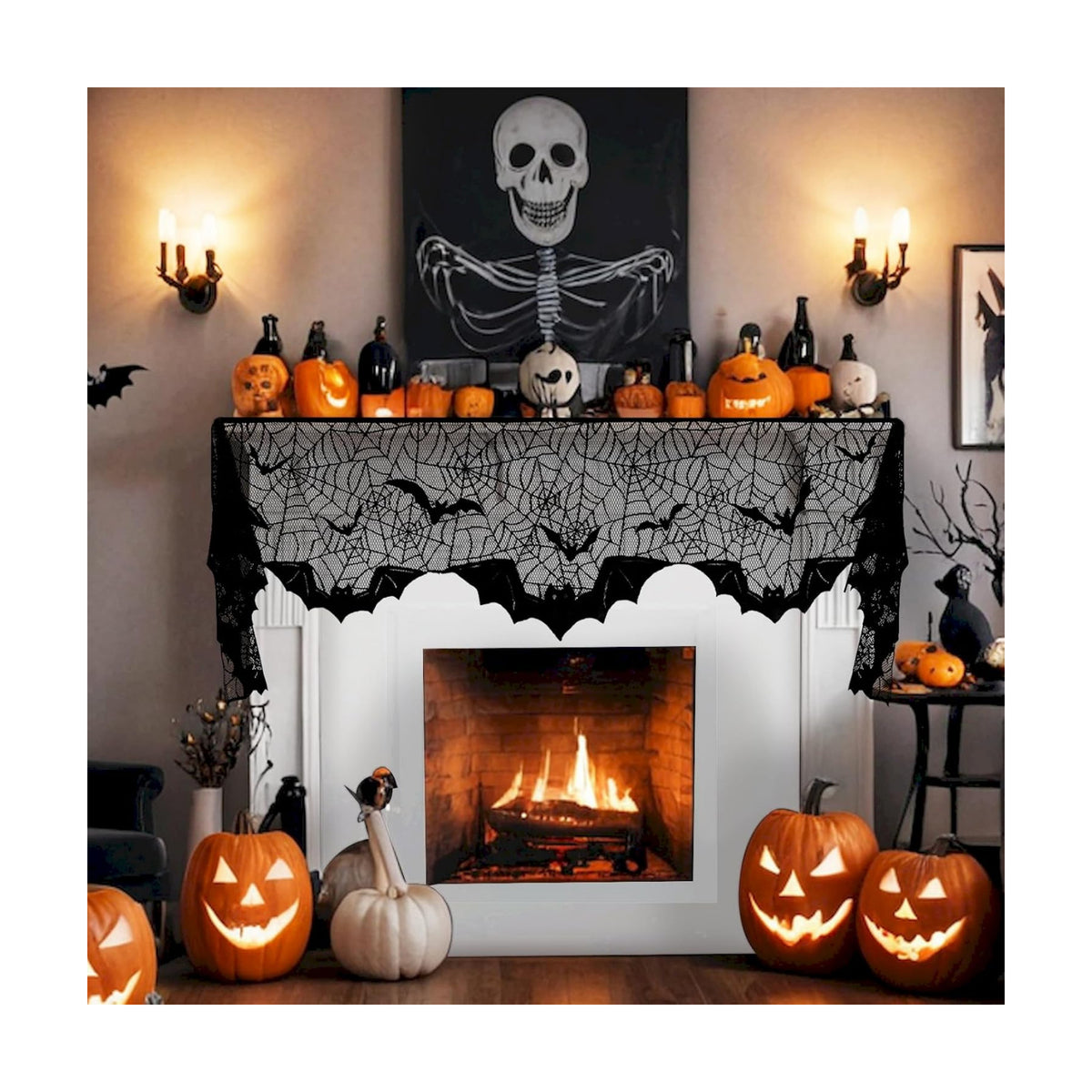 On-Airstore Halloween Mantle Scarf Bat Spider Web Fireplace Scarf Black Embroidered Lace Table Runner Mantle Cover for Halloween Fireplace Decoration Halloween Party Supplies 79 x 20 Inch